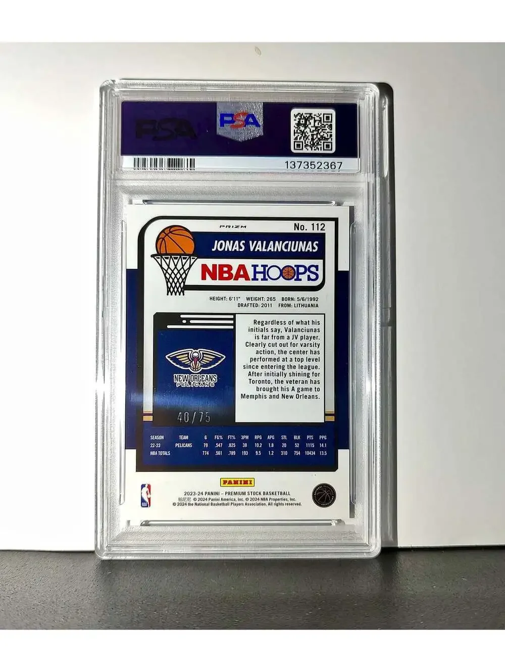 Jonas Valanciunas 2023 Panini Hoops Premium #112 40/75 Blue Pulsar PSA 10 Gem